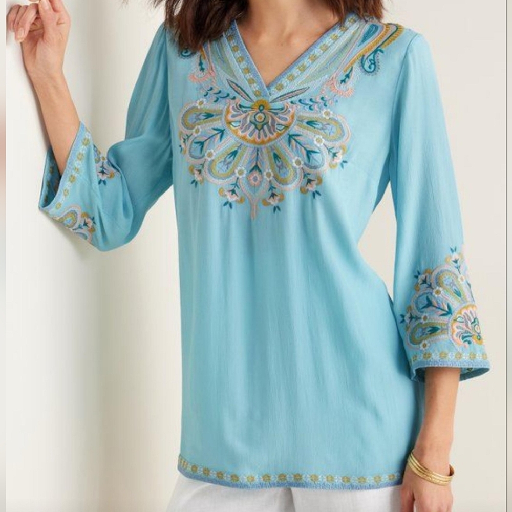 Soft Surroundings Light Blue Embroidered V-Neck Tunic